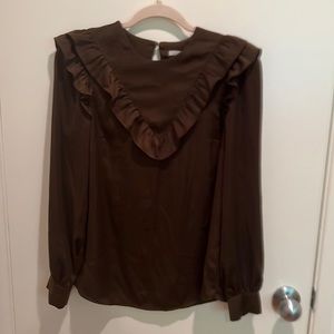 H&M army green silk blouse with ruffle detail